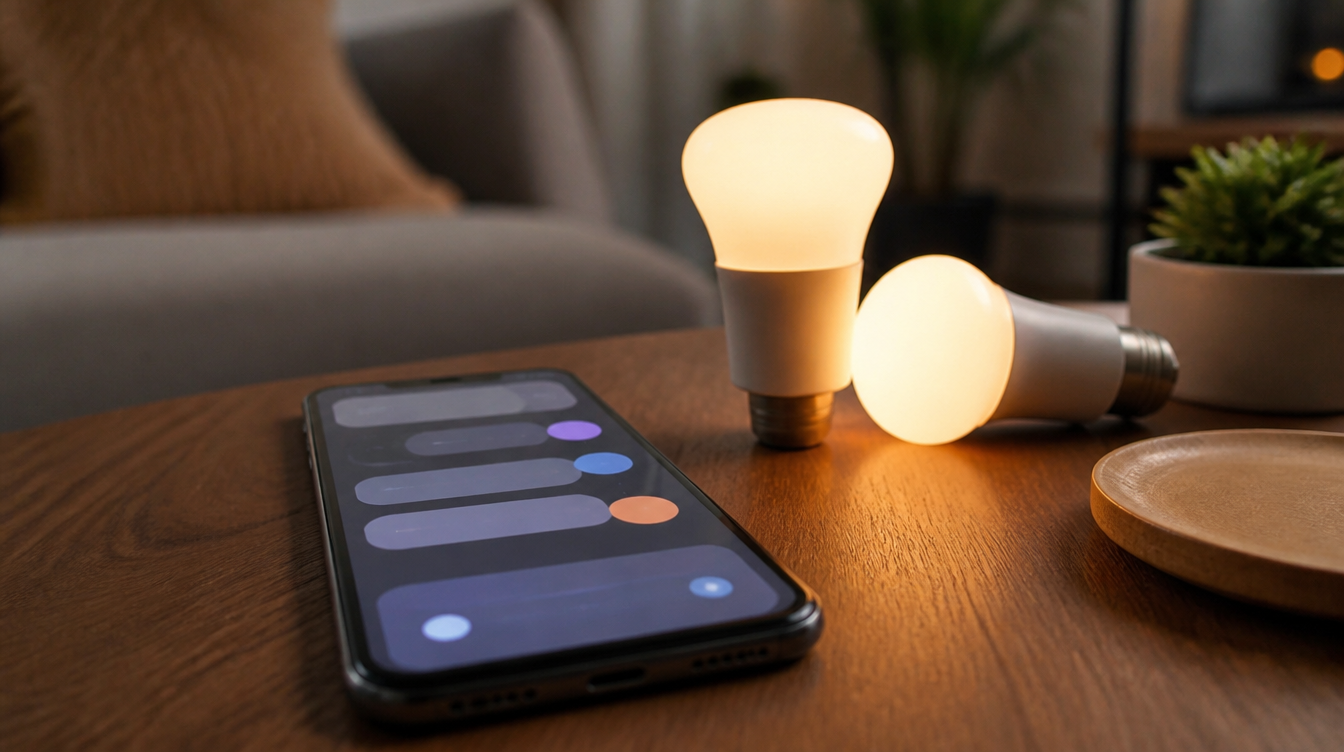 Smartphone mit Lichtsteuerung, Symbol für Hue-Automationen, die per Text beschrieben werden