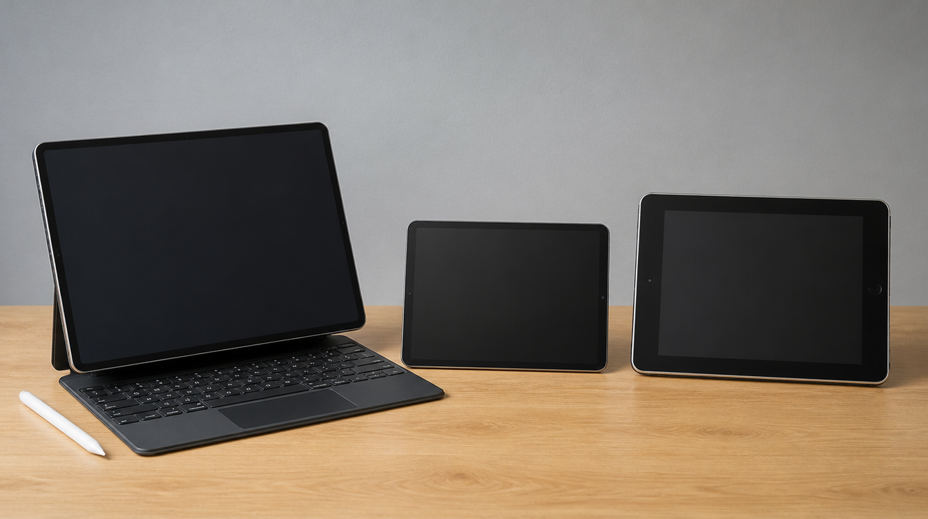 Alexa: Großes Tablet mit Tastaturhülle und Stift neben kleineren älteren Tablets zum Vergleich