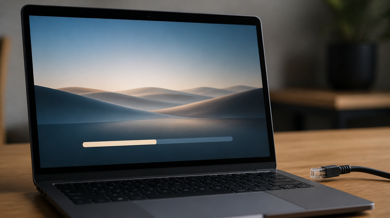 Warentest: Laptop rechnet offline ein Bild, das Netzwerkkabel liegt ausgesteckt daneben