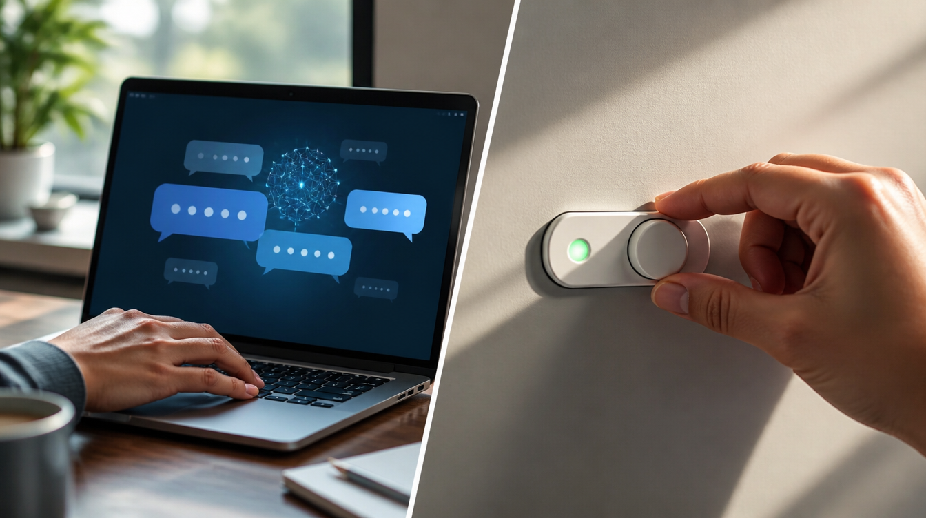Muse: Laptop mit KI-Chat und Trainings-Schalter-Metapher auf dem Schreibtisch