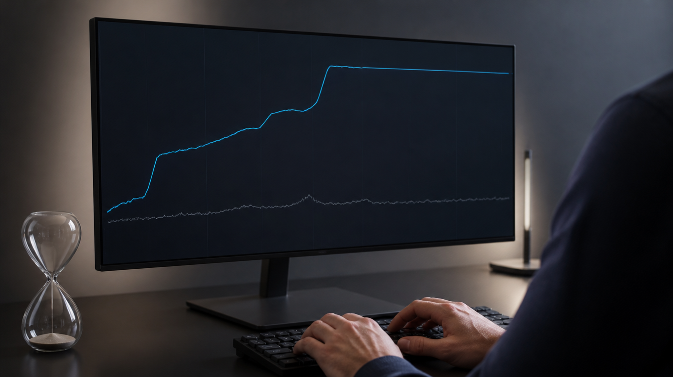 Backtest-Chart auf dem Monitor und fast volle Sanduhr als Sinnbild für den schnelleren Codex-Backtest
