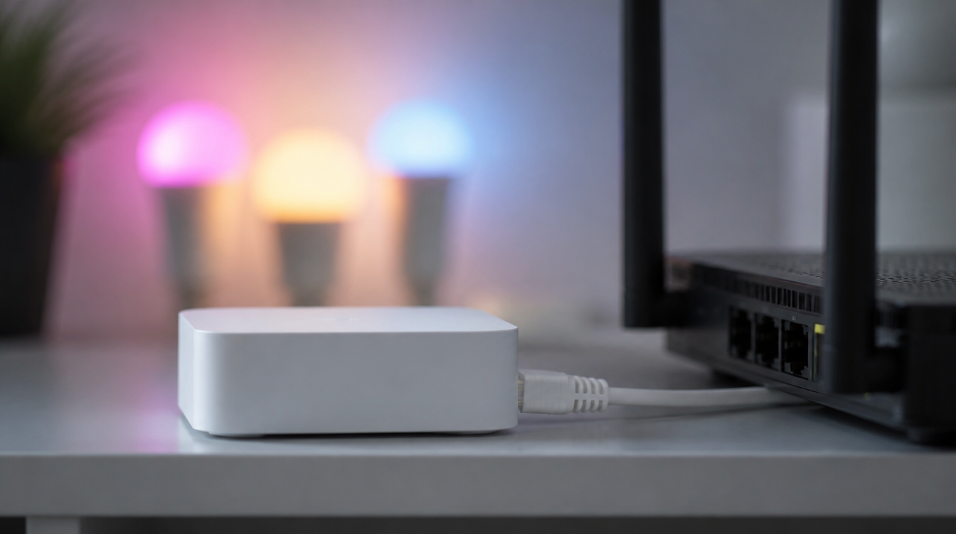 Matter lokal: kleiner Smart-Home-Hub mit Netzwerkkabel neben dem Router