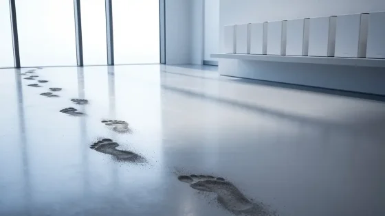 Tracking sichtbar gemacht: Fußspuren auf einem Showroom-Boden führen zu weißen Kartons