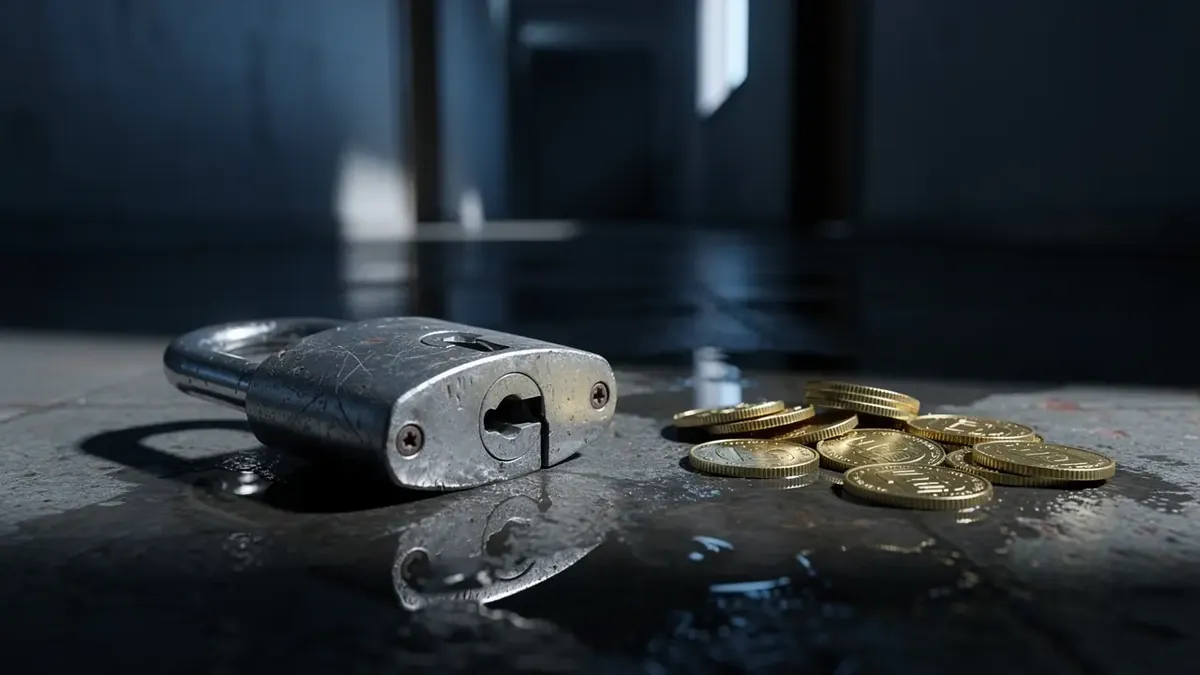 Hack-Symbolbild: aufgeschnittenes Vorhängeschloss neben goldfarbenen Münzen auf dunklem Betonboden