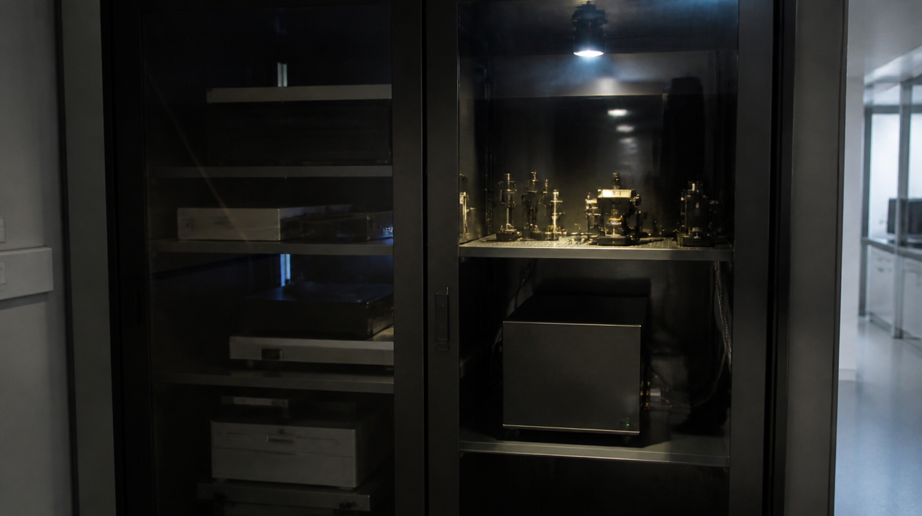 Svetlichny: Dunkler Geräteschrank hinter Glas, ohne Labels