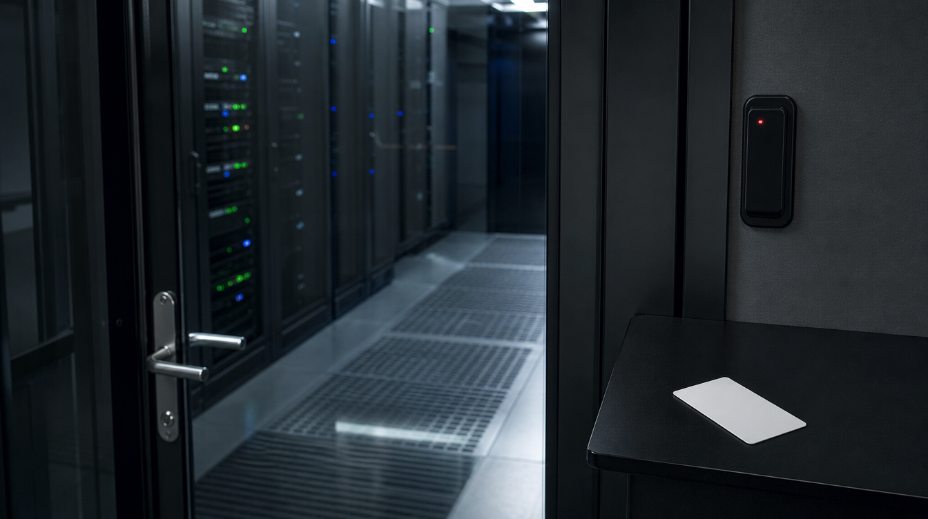 PQC: Glastür zum Serverraum, Ausweis mit der Rückseite nach oben