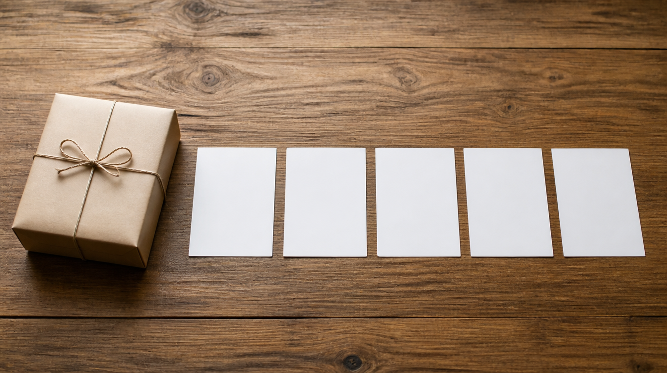 Shopping: Fünf unbeschriftete Karten und ein neutrales Paket