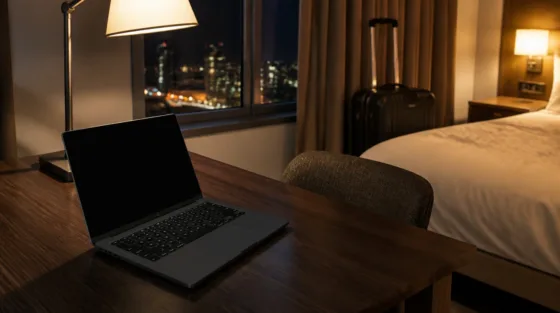 CaptiveCrunch im Hotel-WLAN: aufgeklappter Laptop auf dem Schreibtisch eines Hotelzimmers am Abend