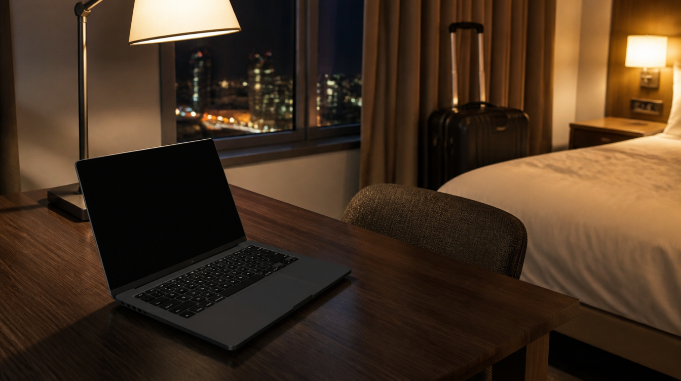 CaptiveCrunch im Hotel-WLAN: aufgeklappter Laptop auf dem Schreibtisch eines Hotelzimmers am Abend