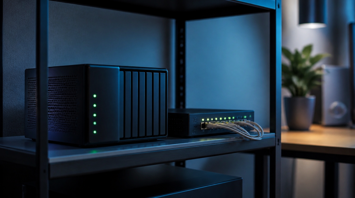 Heimserver und Netzwerkkabel für den Betrieb eines Plex Media Servers.