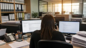 KI-Sicherheitsstudie von BSI und TÜV: Mitarbeiterin der Buchhaltung telefoniert am Freitagnachmittag am Schreibtisch
