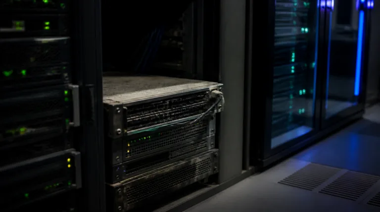KEV: Alter, verstaubter Server mit blinkenden Lämpchen steht vergessen in der Ecke eines Serverraums