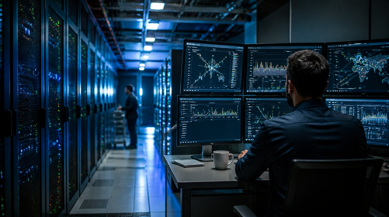 Anthropic-Bericht als Anlass: Serverraum mit Monitor, auf dem Formular-Traffic überwacht wird