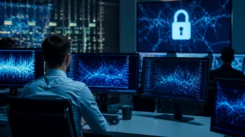 Sandbox: Security Operations Center mit Netzwerk-Monitore und Schutzsymbol
