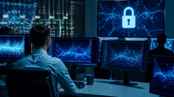 Sandbox: Security Operations Center mit Netzwerk-Monitore und Schutzsymbol