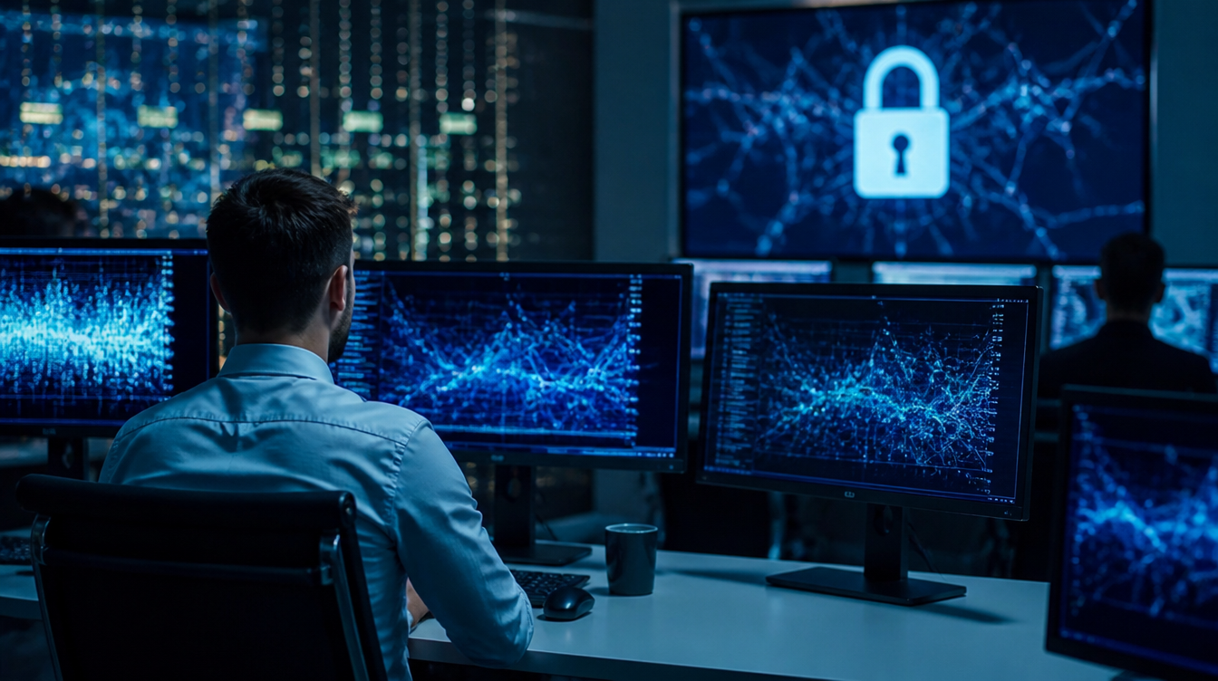 Sandbox: Security Operations Center mit Netzwerk-Monitore und Schutzsymbol