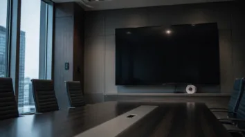 Leerer Konferenzraum der Chefetage mit Fernseher an der Wand und Toilettenpapierrolle am USB-Port