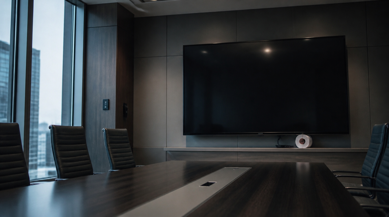 Leerer Konferenzraum der Chefetage mit Fernseher an der Wand und Toilettenpapierrolle am USB-Port