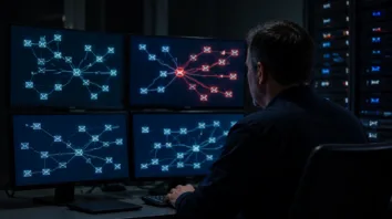 Cisco-Lücke im Blick: Administrator vor Monitoren mit E-Mail-Verkehr und Warnhinweis