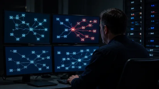 Cisco-Lücke im Blick: Administrator vor Monitoren mit E-Mail-Verkehr und Warnhinweis