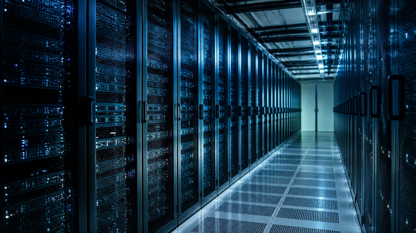 Gang in einem Rechenzentrum mit Server-Racks, Sinnbild für Patch-Zeiten im Microsoft-Report