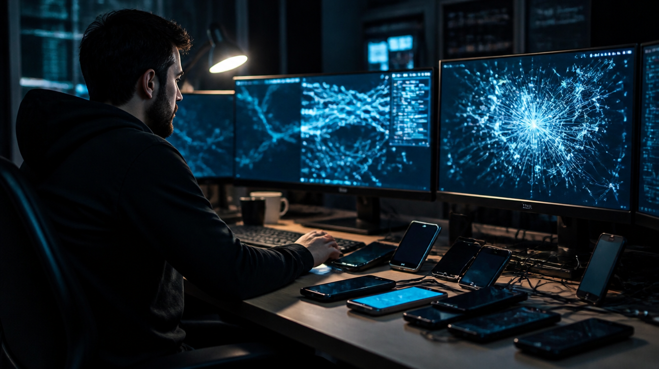 Spyware-Analyse im Labor: Sicherheitsforscher wertet Netzwerkverkehr auf mehreren Monitoren aus, Testhandys auf dem Tisch