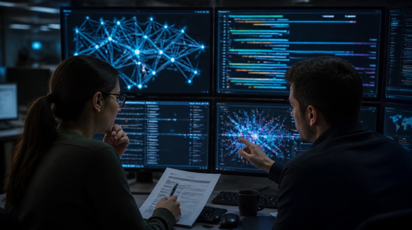 BeyondTrust-Vorfall prüfen: Zwei Sicherheitsfachleute werten Protokolle auf großen Monitoren aus