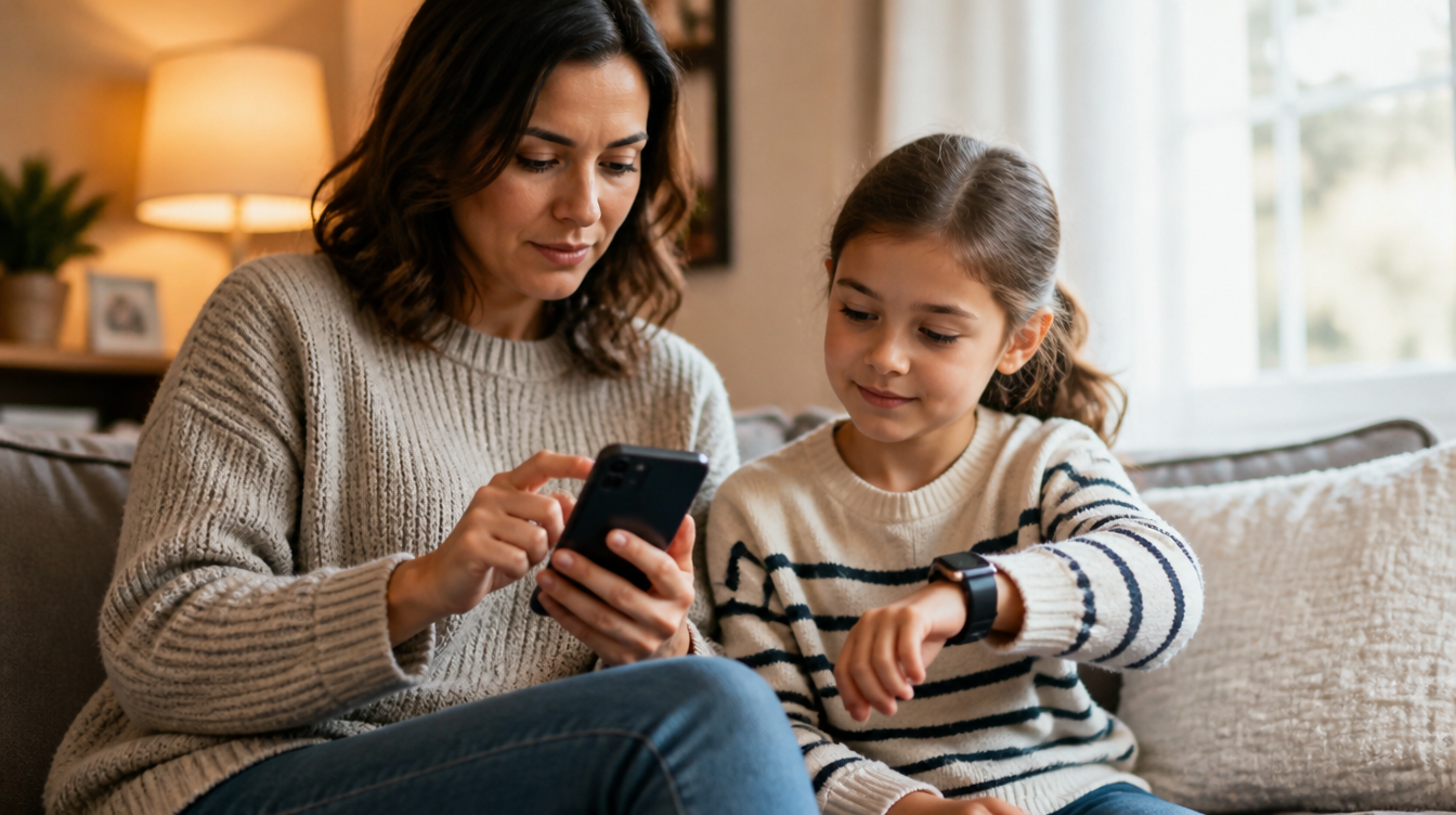 Kinder-Smartwatches einrichten: Elternteil prüft in der App die Einstellungen der Uhr des Kindes