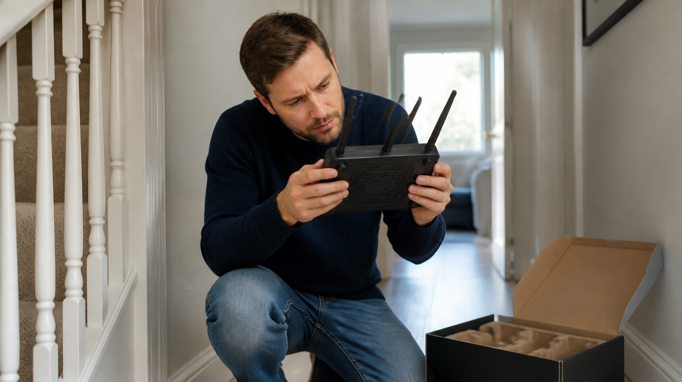 WPSplinter prüfen: Person liest das Typenschild eines Routers ab
