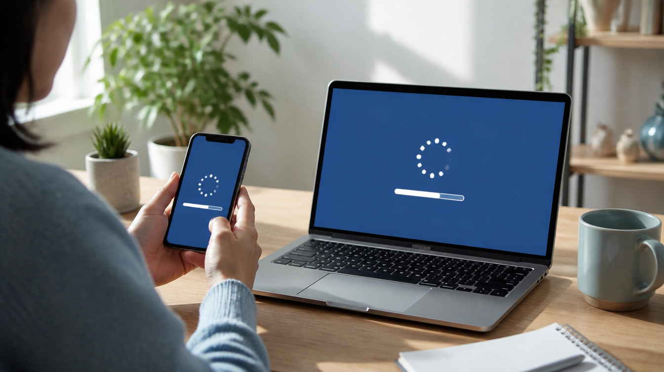Signal Update: Person aktualisiert Apps auf Smartphone und Laptop