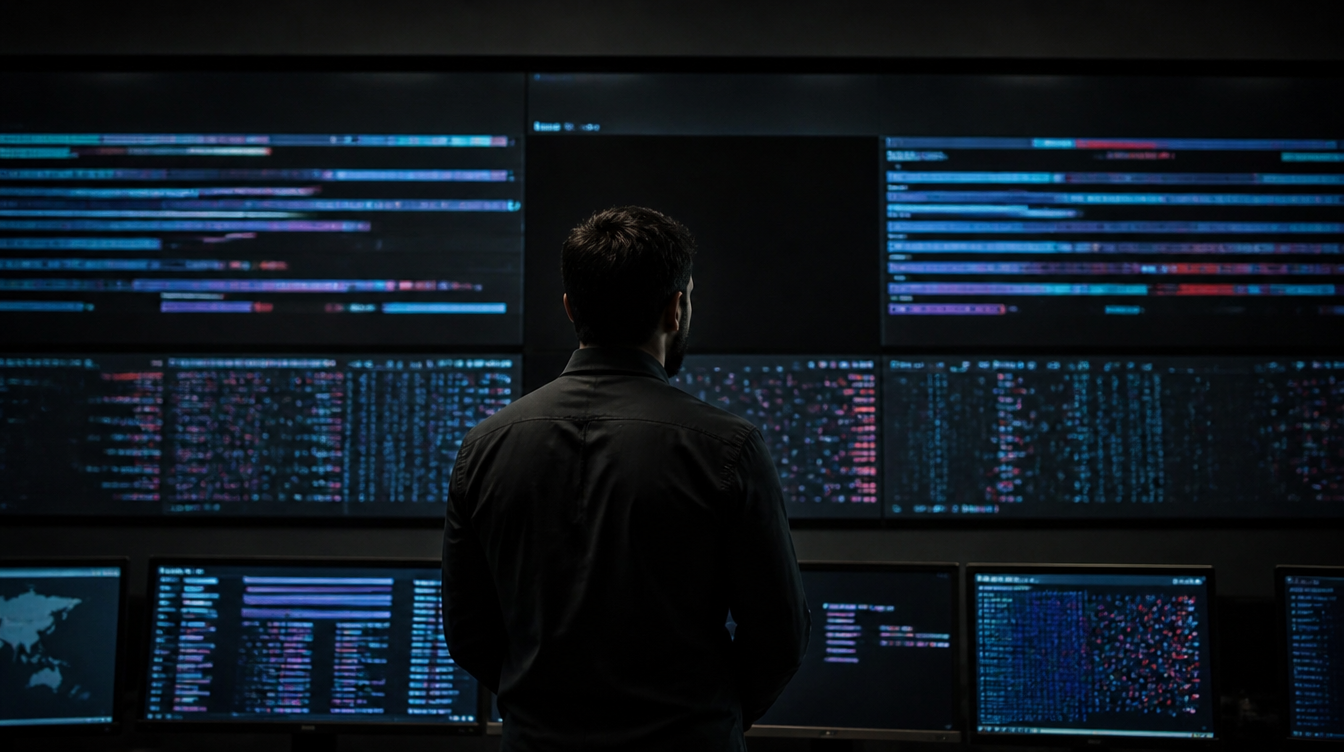 Illustration eines Administrators vor Protokollansichten, die zu einem ESXi-Host gehören und Lücken in der Nachvollziehbarkeit andeuten.