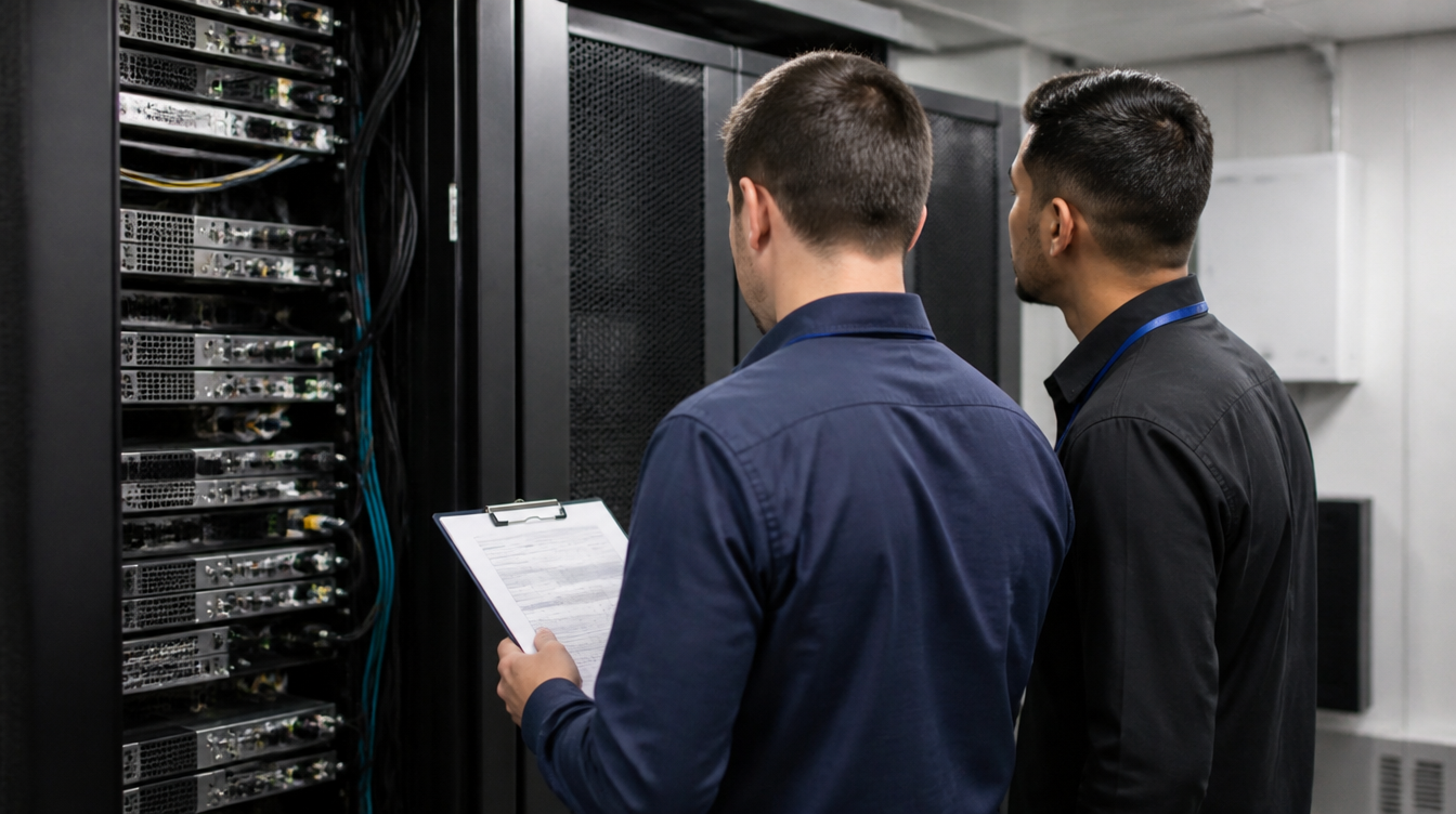 KEV: Zwei Administratoren gleichen im Serverraum eine Inventarliste mit dem offenen Rack ab