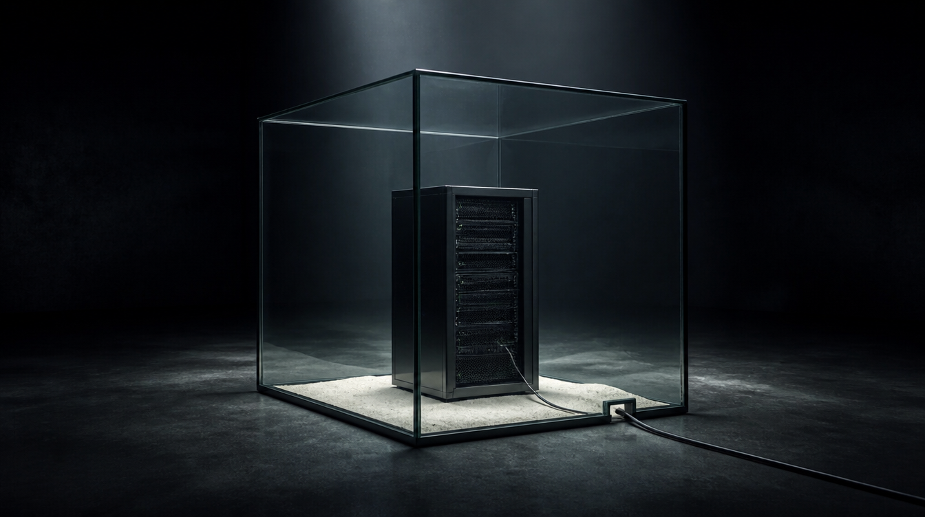 Sandbox als Glaskubus mit Serverrack und Kabel-Lücke nach außen