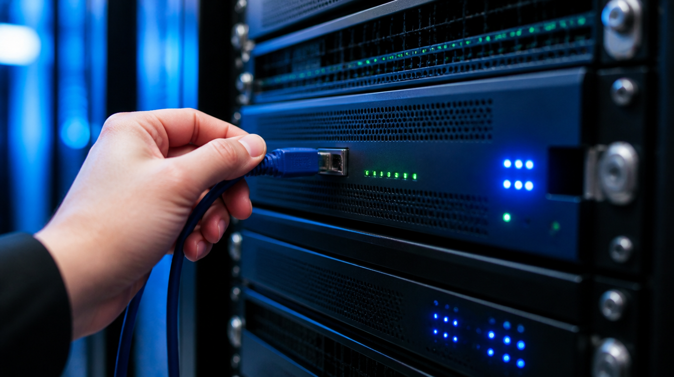Cisco Secure Email Gateway als Appliance im Serverschrank, Techniker schließt Konsolenkabel an