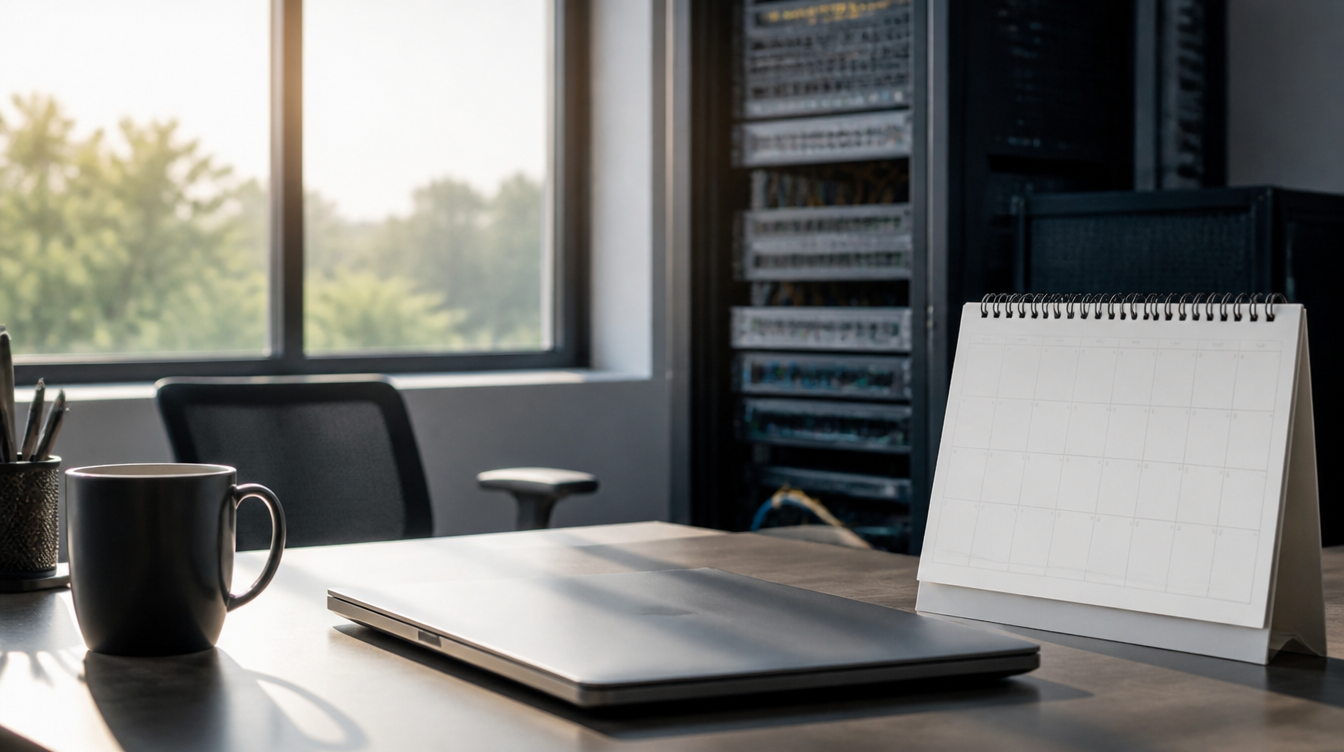Patch-Planung nach Microsoft-Empfehlung: Admin-Arbeitsplatz mit zugeklapptem Laptop und leerem Wandkalender