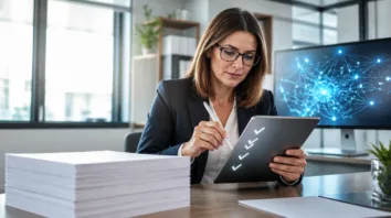 Konformitätsvermutung nach EN 18286: Qualitätsmanagerin hakt auf dem Tablet eine Prüfliste ab, KI-Netzwerkgrafik im Hintergrund