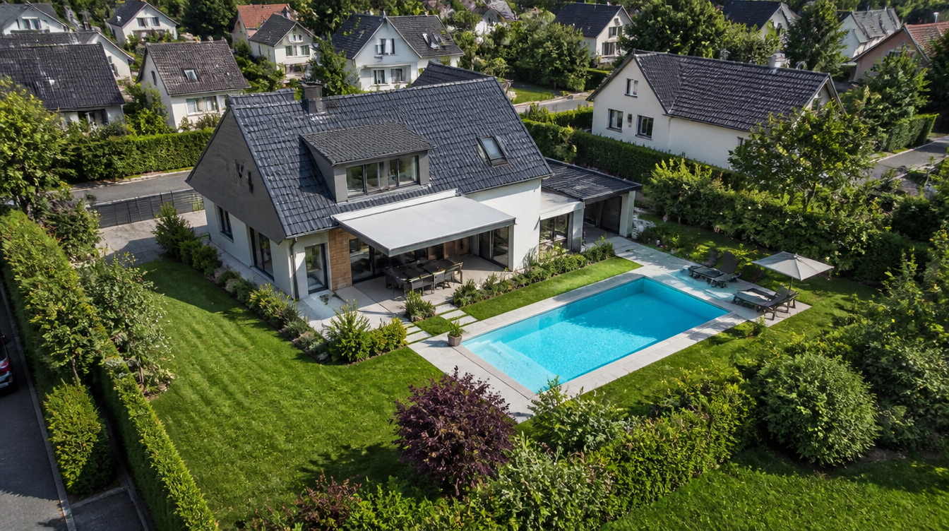 Luftaufnahme eines Wohnhauses mit Garten, wie sie in Google Earth erscheinen kann