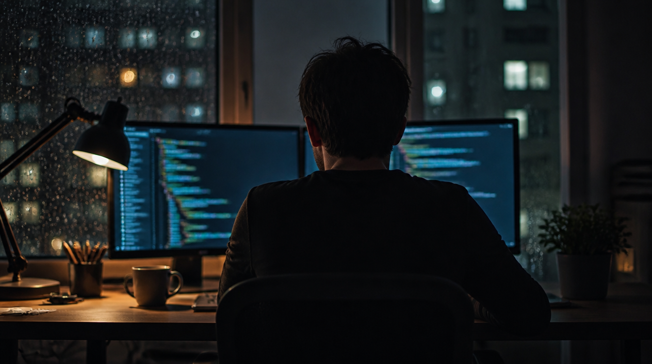 FORGE und KI-gestützte Schwachstellensuche: Entwickler arbeitet nachts im dunklen Arbeitszimmer an zwei Monitoren