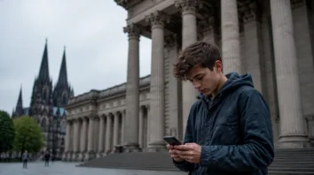 Snapchat: Jugendlicher mit Smartphone vor einem Gerichtsgebäude