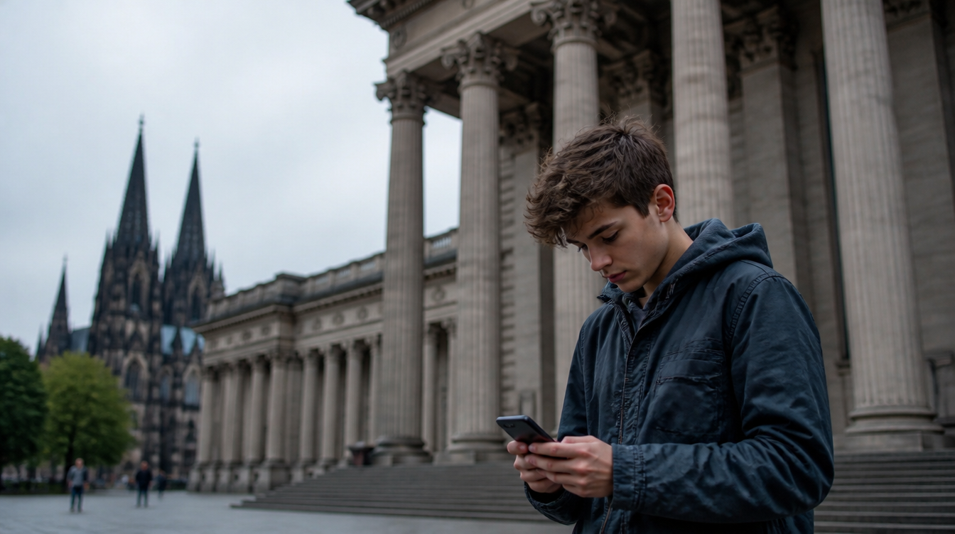 Snapchat: Jugendlicher mit Smartphone vor einem Gerichtsgebäude