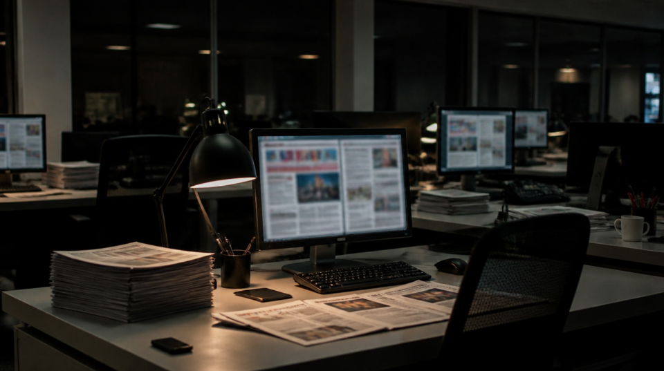 OpenAI: Leere Redaktion bei Nacht mit Zeitungsstapeln und Bildschirmen
