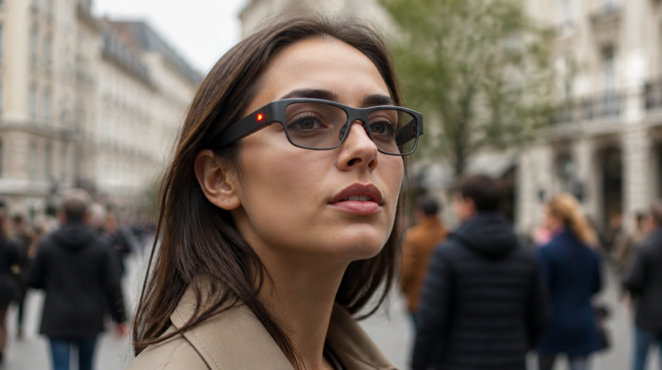 Datenbrillen im Alltag: Frau mit Smart Glasses und leuchtender Aufnahme-LED in einer europäischen Innenstadt