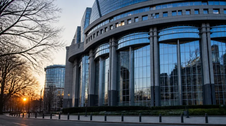 Meta und die EU-Aufsicht: Glasfassade eines Verwaltungsgebäudes in Brüssel in der Morgendämmerung