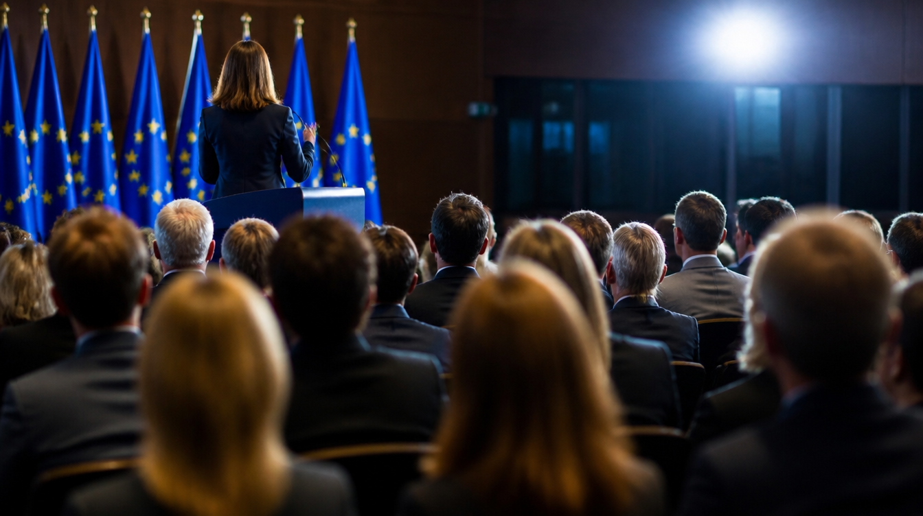 Rede zur KI-Politik in einem EU-Konferenzsaal, Thema erste Auskunftsersuchen nach dem AI Act