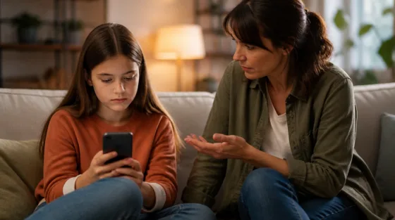 Altersnachweis für Social Media: Kind mit Smartphone auf dem Sofa, Elternteil daneben