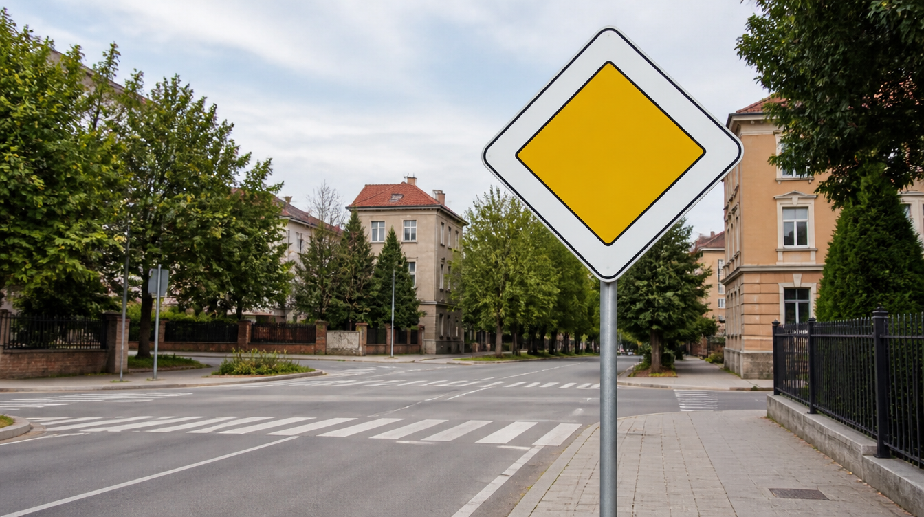 BfDI-Bild von Vorfahrtsstraßen: Verkehrsschild Vorfahrtstraße an einer ruhigen Kreuzung