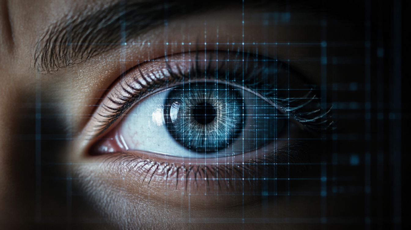 World ID und Biometrie: Nahaufnahme eines Auges mit angedeutetem Scanraster