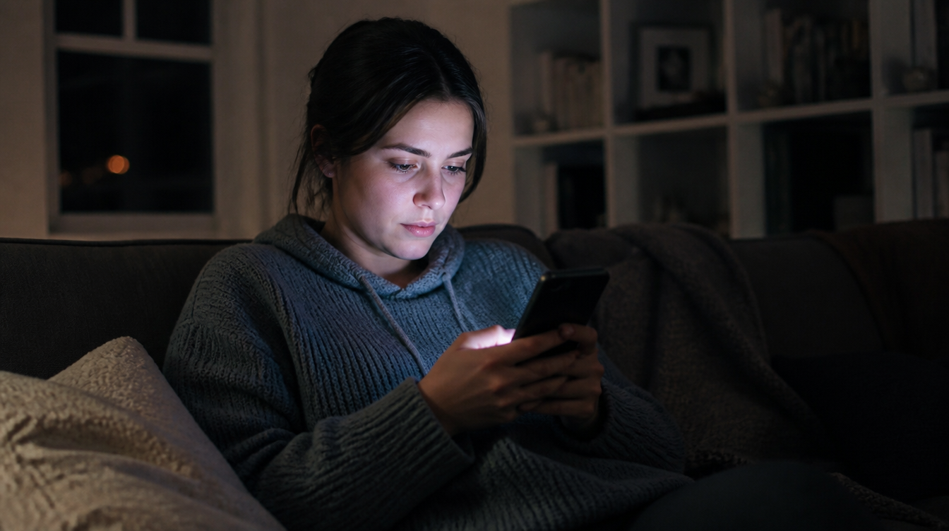 BaFin-Umfrage zu Krypto und Finfluencern: junge Person blickt abends auf ihr Smartphone