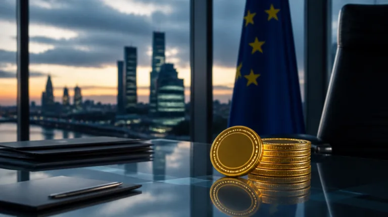 USDC als E-Geld-Token: Stapel goldener Digitalmünzen im Büro einer Aufsichtsbehörde mit EU-Flagge und Skyline