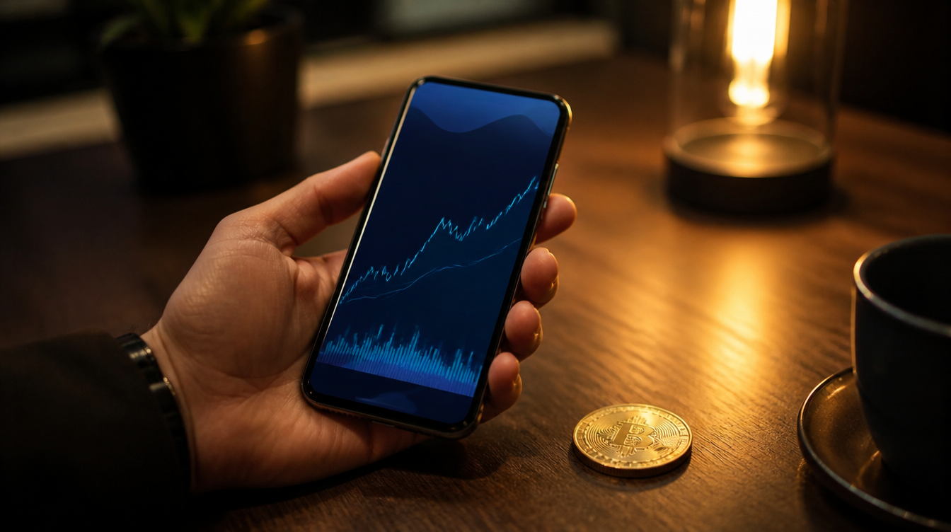 Smartphone mit geöffneter App der Sparkasse vor einem Bitcoin-Symbol